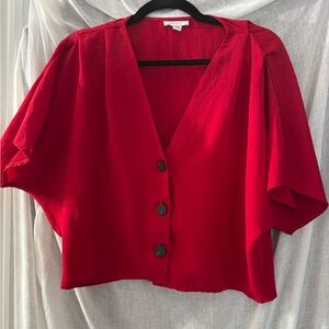 Topshop Red Pleat Shoulder Button Down Blouse Size 4 EUC